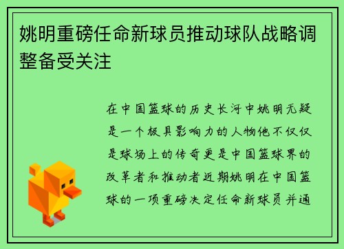 姚明重磅任命新球员推动球队战略调整备受关注